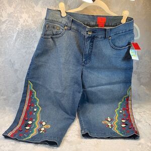 V Cristina Blue Embroidered Jean Shorts